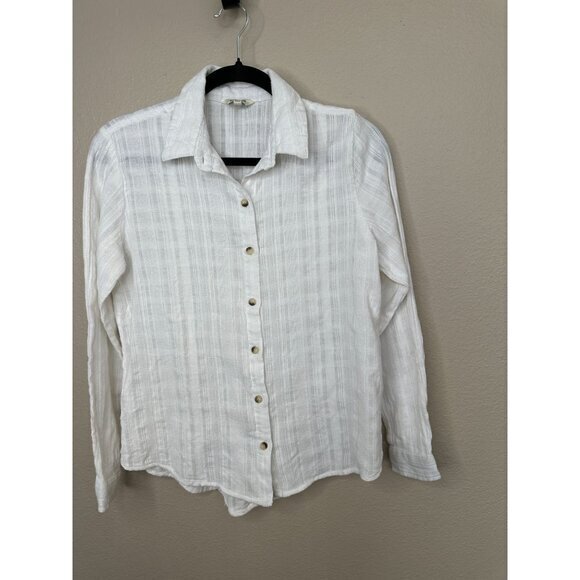 Sim & Sam Womens white Blouse Small long sleeve button up collared sheer beach - Picture 2 of 7